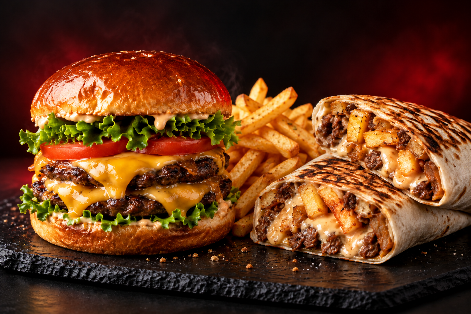 Burger, tacos et frites O’Max en photographie culinaire